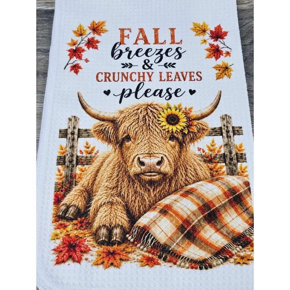 Fall Breezes & Crunchy Leaves Highland Cow Kitchen Towel Farmhouse Decor